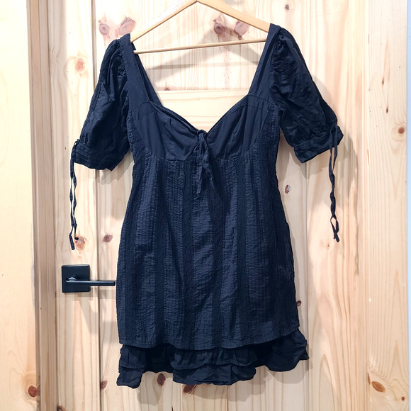Lulus Black Mini Milkmaid Dress Pleated Lace Ruffle Hem Open Tie Back Size M - Picture 1 of 15
